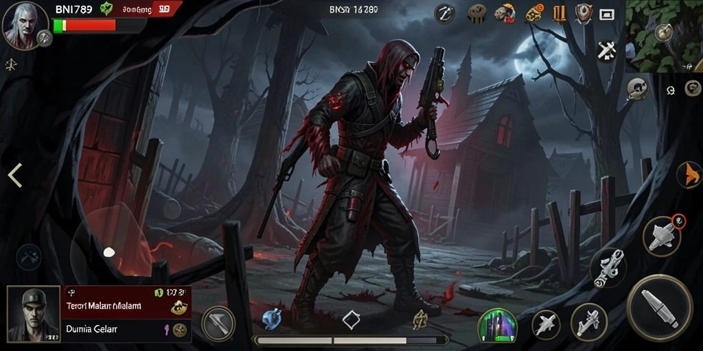 Tampilan gameplay BNI789 dengan suasana horor yang mencekam.