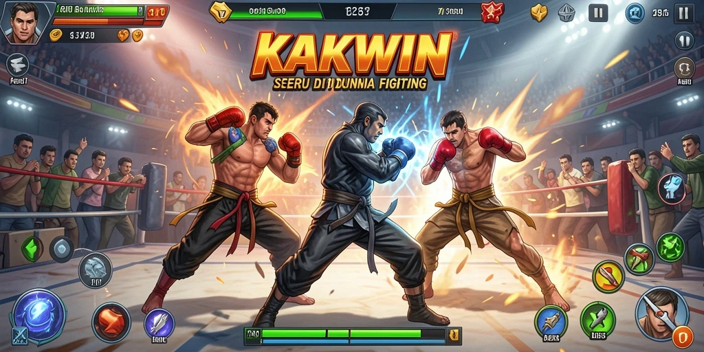 Screenshot KAKWIN menunjukkan karakter-karakter yang bertarung dalam arena yang mendebarkan.