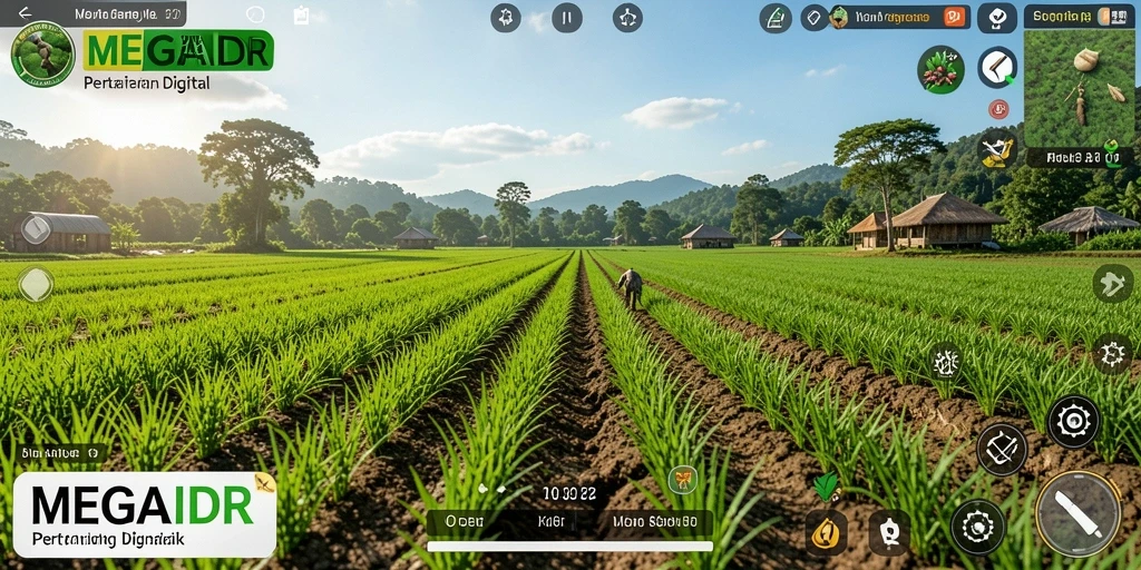 Tampilan gameplay MEGAIDR dengan kebun yang subur dan tanaman beragam.