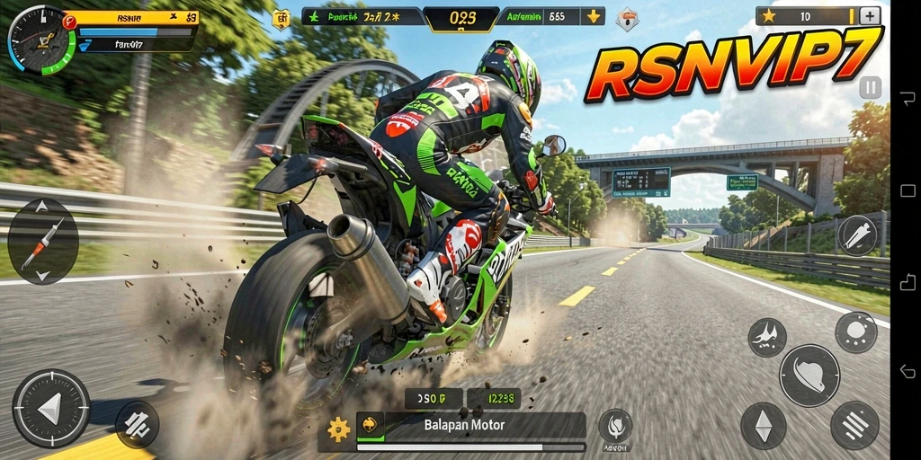 Tampilan gameplay menegangkan dari RSNVIP7 saat balapan motor di trek.